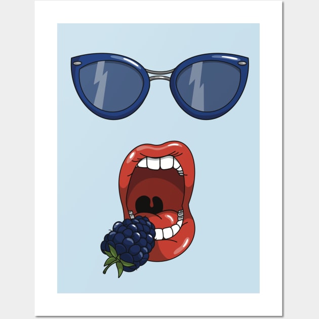 Mouth about to eat a blueberry while wearing matching blue sun glasses. Wall Art by Fruit Tee